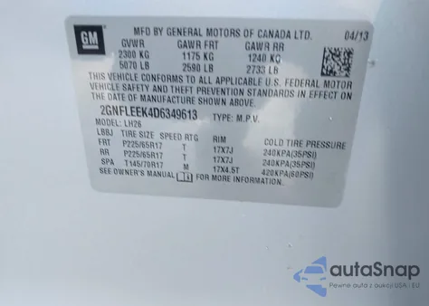 2013 Chevrolet Equinox 1Lt from USA, damaged, VIN 2GNFLEEK4D6349613